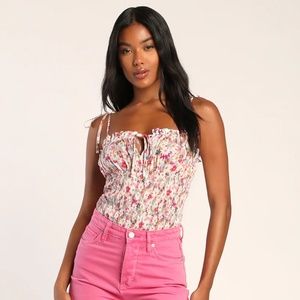 Lulu's Pink Floral Print Tie-Strap Smocked Bodysuit NWT
